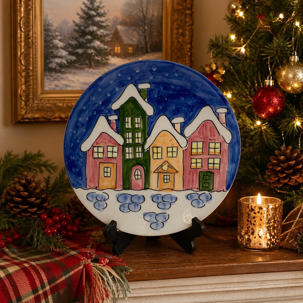 BIANCONI PIETRO Hand Painted Decorative Plate Italy Winter Village Scene Round‎